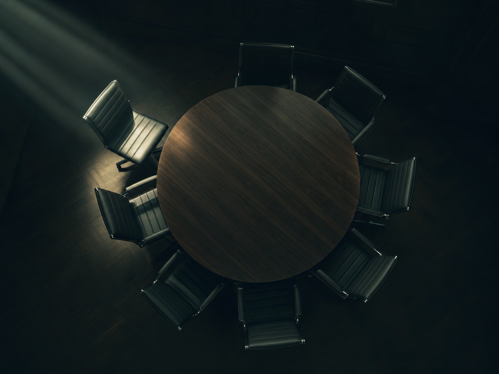 A boardroom table with chairs