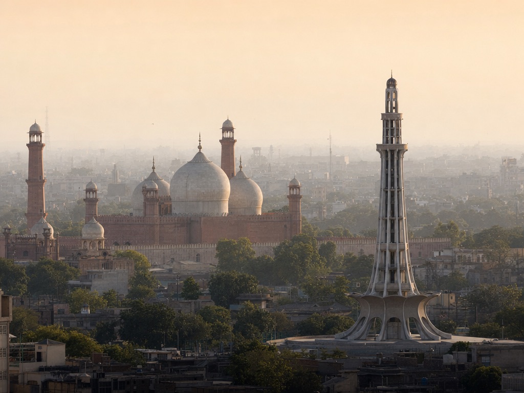 Lahore skyline at golden hour with Badshahi Mosque and Minar-e-Pakistan